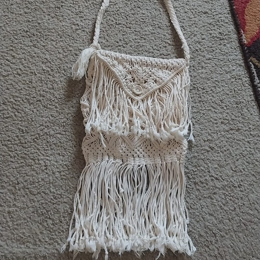 Ivory Macramé Fringe Crossbody Bag - Boho